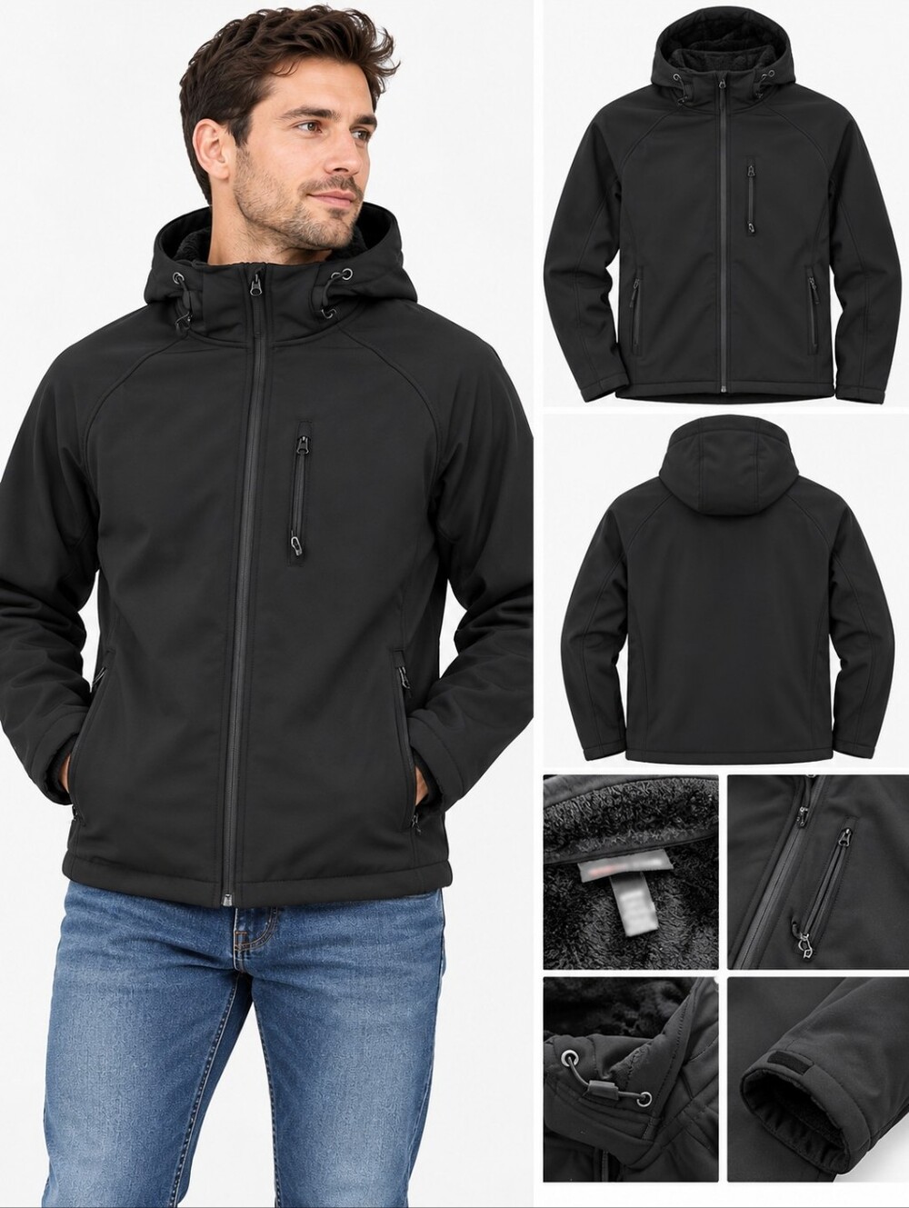 Men's Black Hooded Softshell Sherpa-Lined Jacket